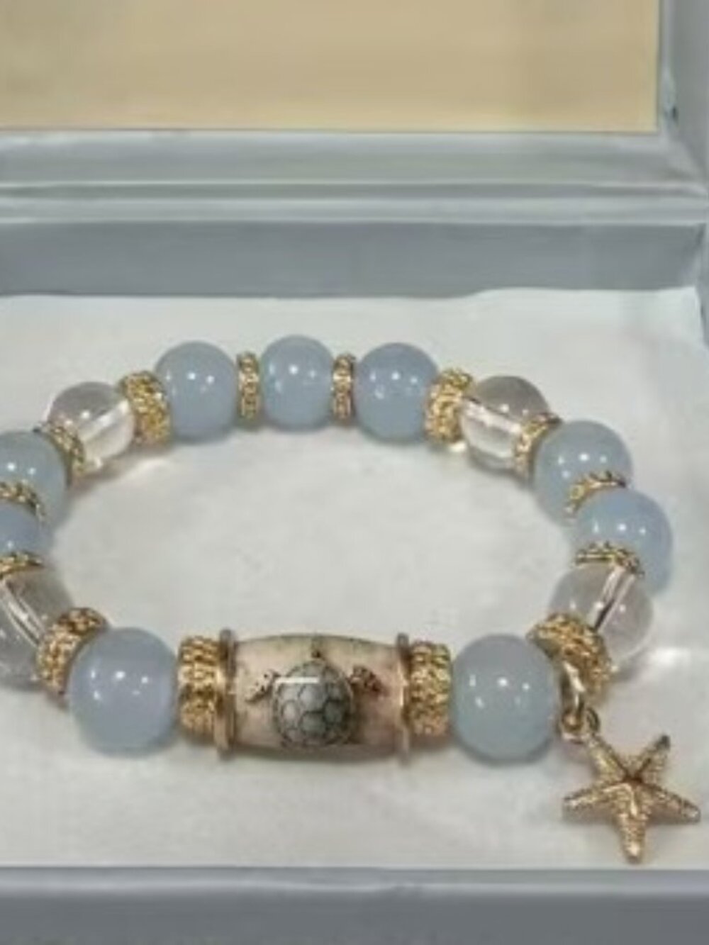 Crystal Bead Bracelet with Ceramic Sea Turtle Pendant & Gold-tone Starfish